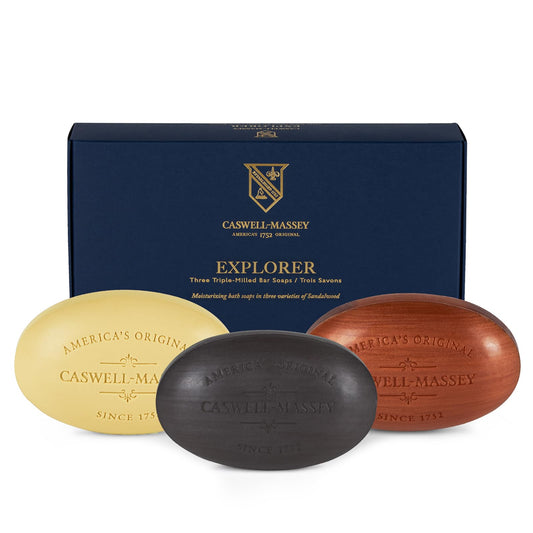 Caswell-Massey Woodgrain Sandalwood bar close-up with luxurious triple-milled texture.