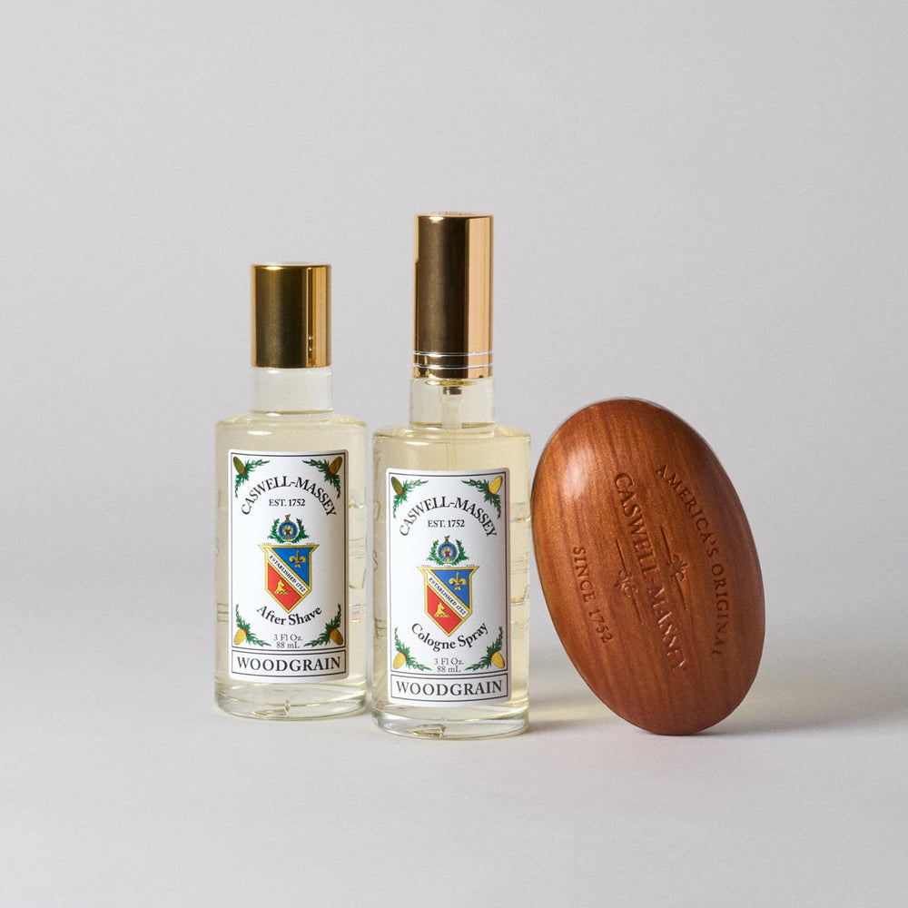 Caswell-Massey Woodgrain Sandalwood USA-made badge emphasizes craftsmanship