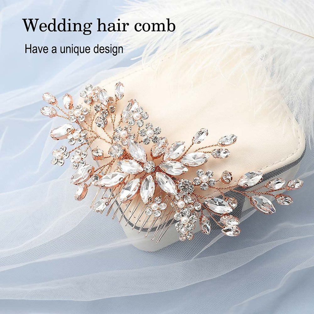 Catery rose gold wedding clip modeled on a bride