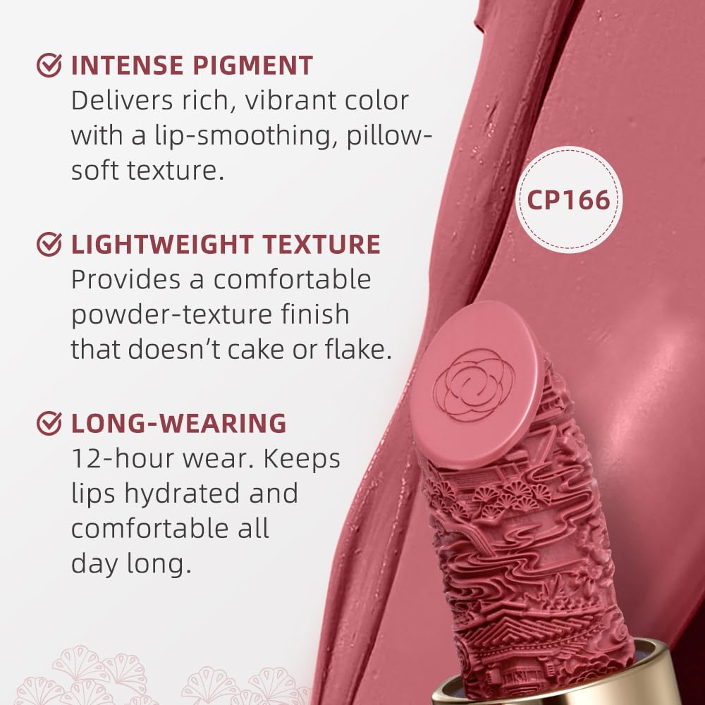 Catkin matte finish on lips demonstrates long-lasting color and resilience.