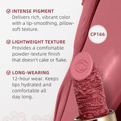 Catkin matte finish on lips demonstrates long-lasting color and resilience.