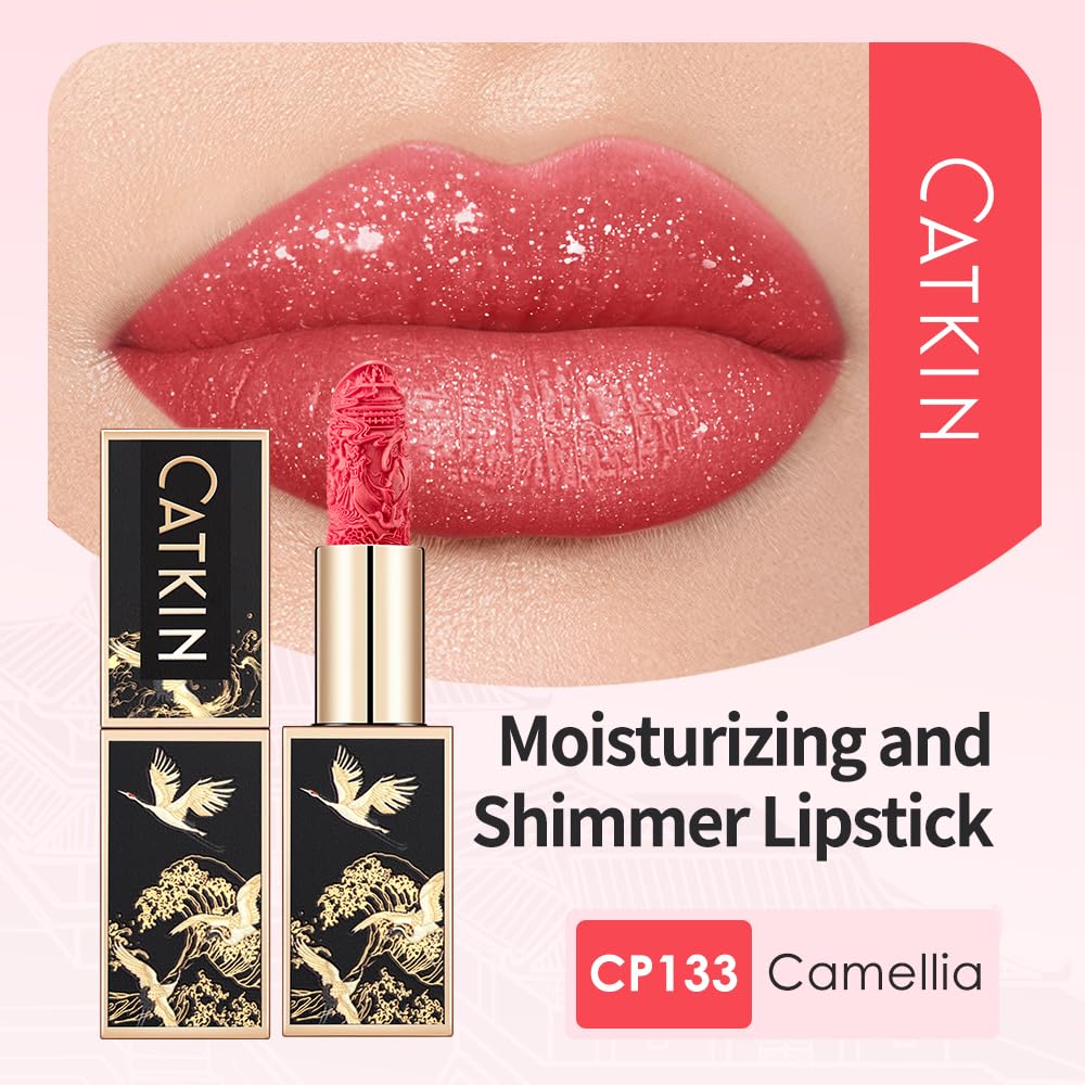Catkin Moist Lipstick swatches pink glow on lips with buildable color payoff.