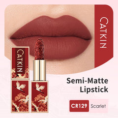 Catkin semi-matte lip color on lips shows high pigmentation and long wear