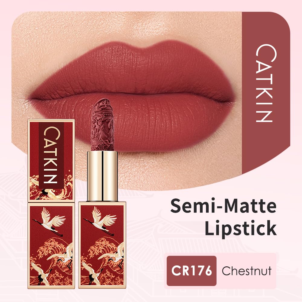 Catkin lipstick on lips shows bold color in wearable matte