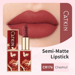 Catkin lipstick on lips shows bold color in wearable matte