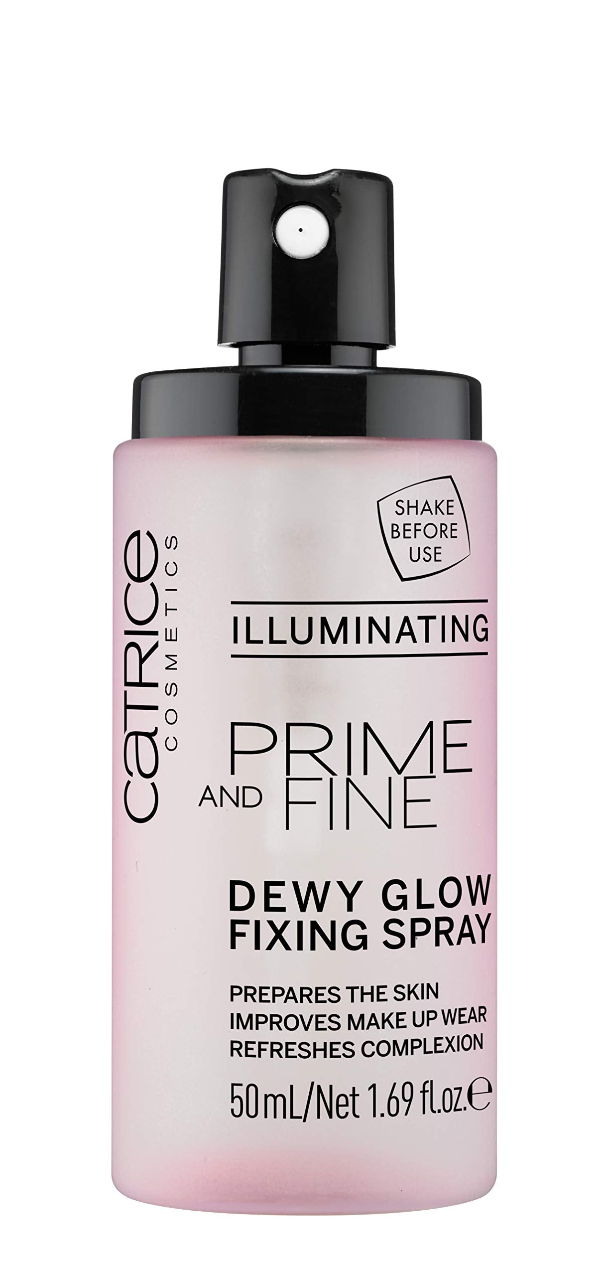 Catrice Prime & Fine Dewy Glow Spray transparent finish for natural radiance.