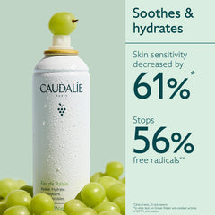 Close-up of Caudalie Grape Water Mist label highlighting organic grape water.