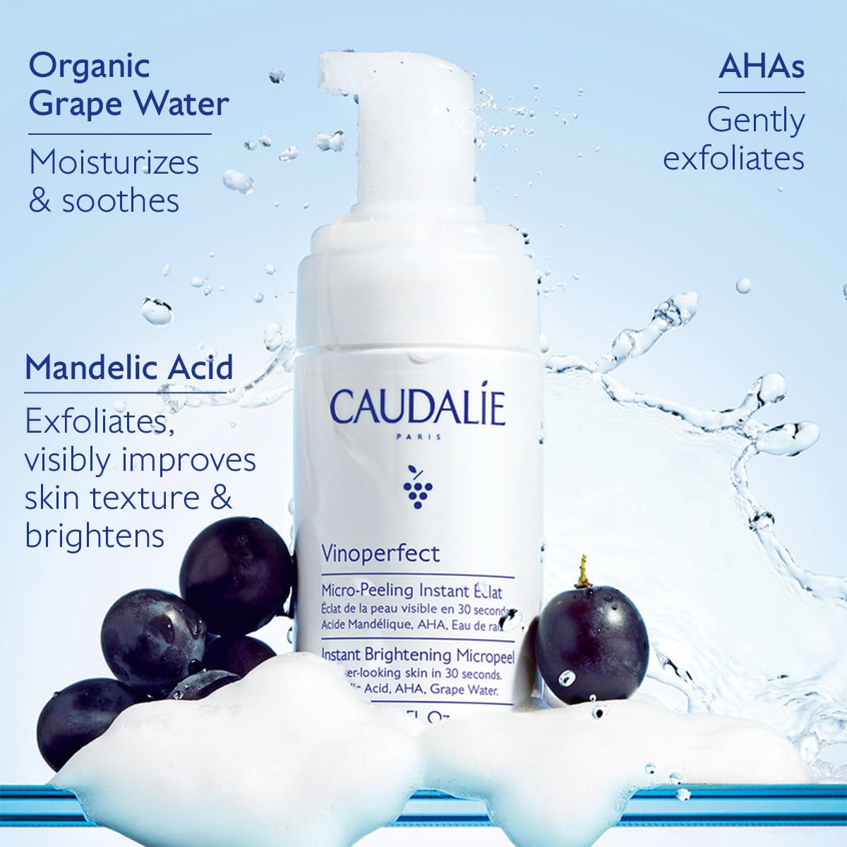 Caudalie mandelic acid exfoliation closeup showing brightening potential and renewal