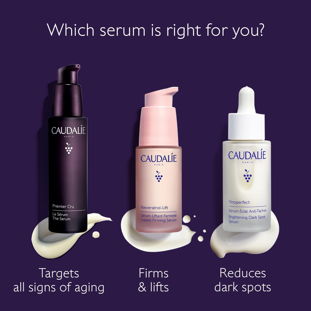 Caudalie Premier Cru serum glow on cheek after application.