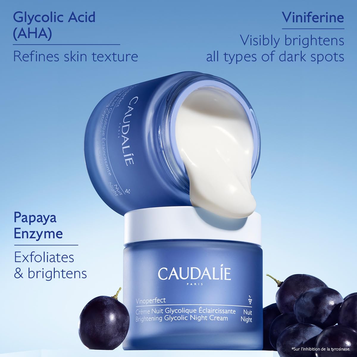 Caudalie Vinoperfect glycolic exfoliation action for refined texture.