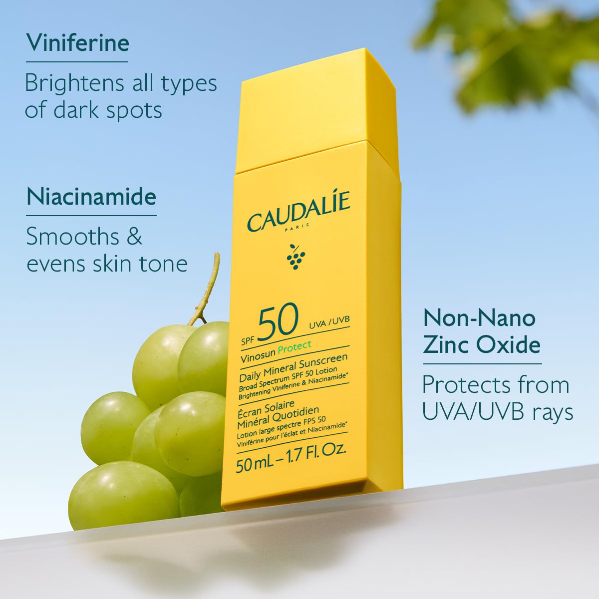Caudalie Vinosun Protect texture swatch shows a light, non-greasy finish.