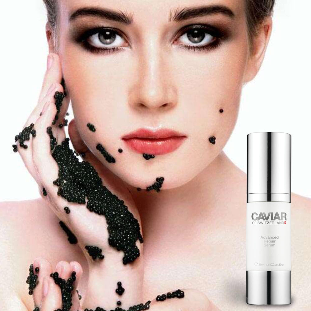 Caviar of Switzerland vitamin E glow on skin close-up