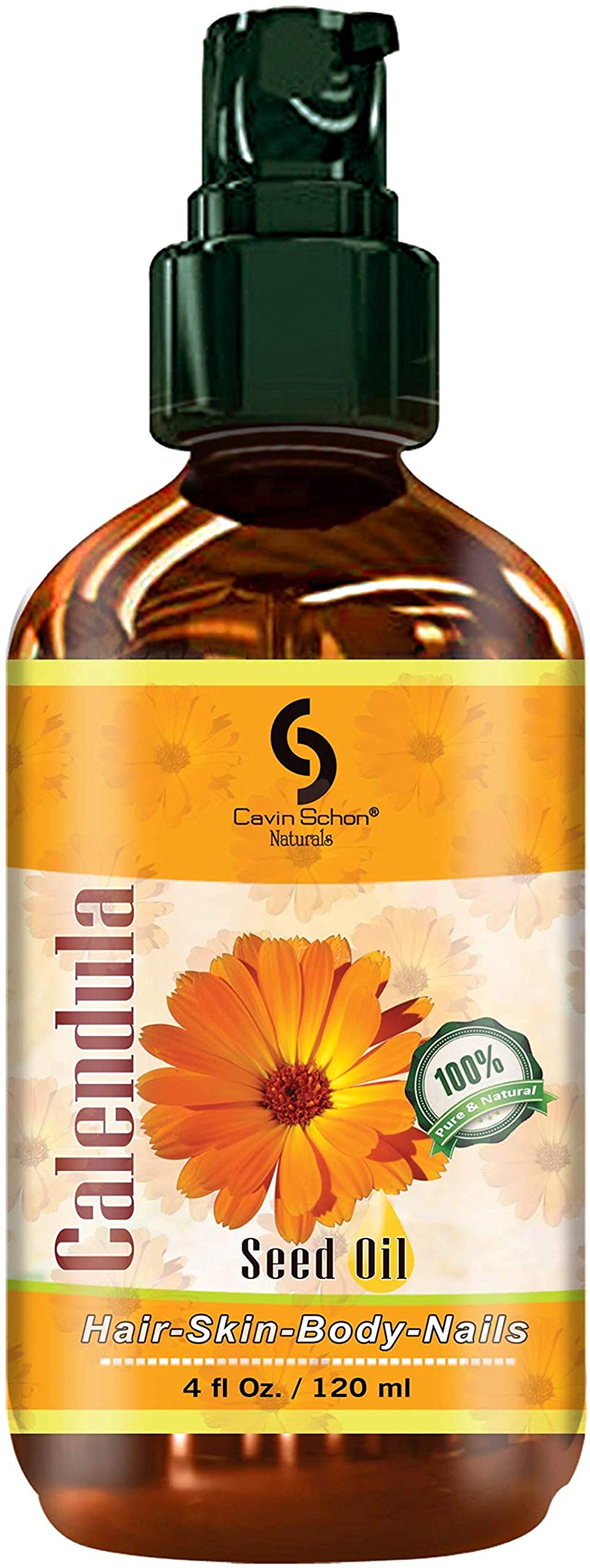 Cavin Schon calendula oil bottle pour for dry skin hydration and gentle topical soothing.