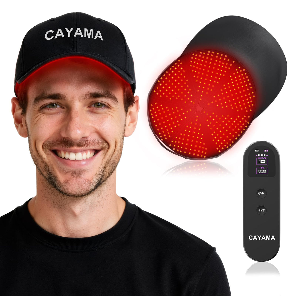 CAYAMA Red Light Hair Growth Cap lighting the scalp for even coverage