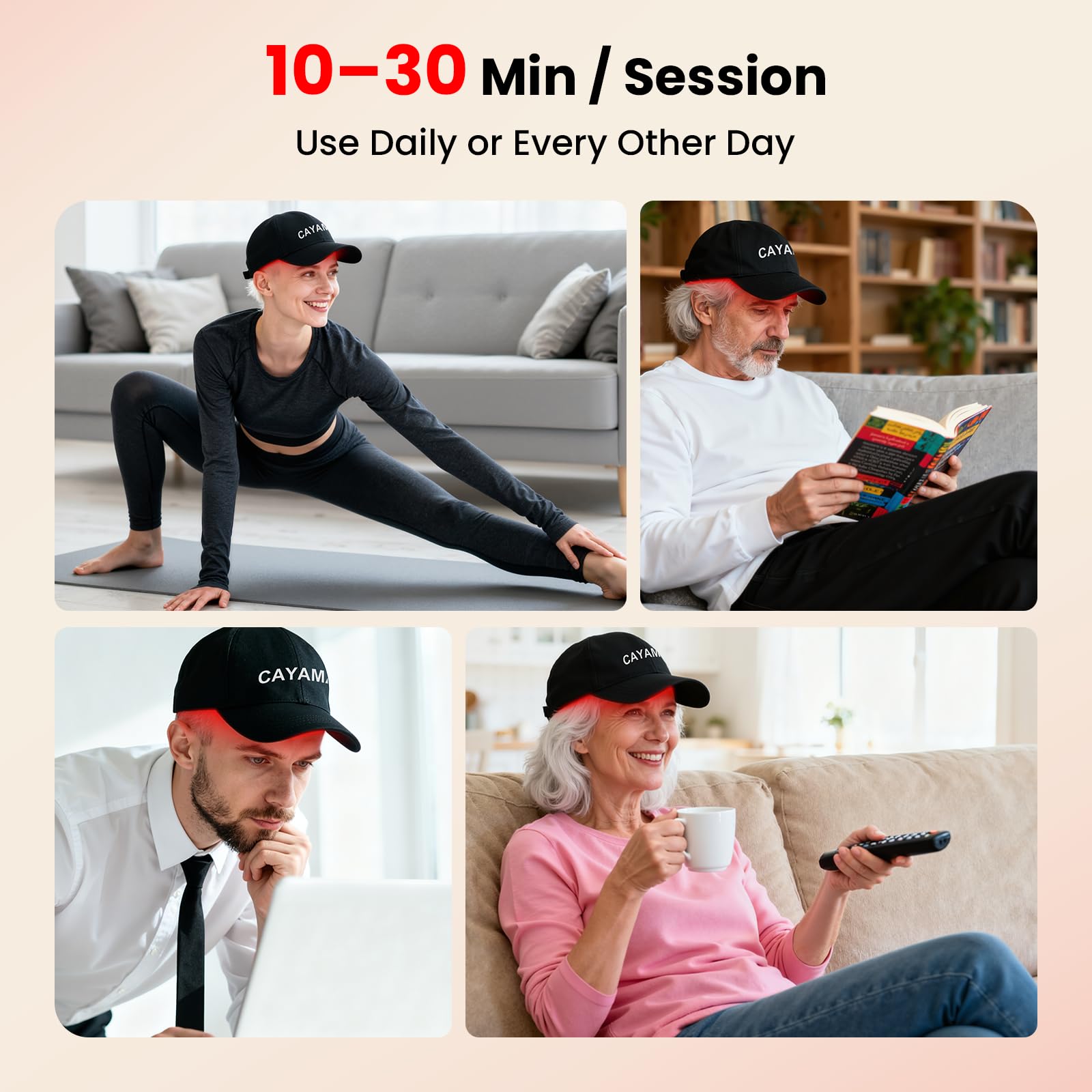 CAYAMA Red Light Hair Growth Cap shows an easy 10–30 minute session setup.
