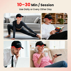 CAYAMA Red Light Hair Growth Cap shows an easy 10–30 minute session setup.