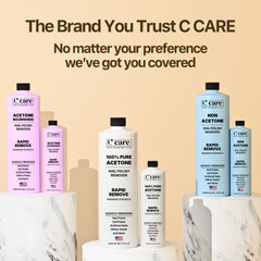 C CARE acetone efficiently dissolves glitter polish for easy removal.