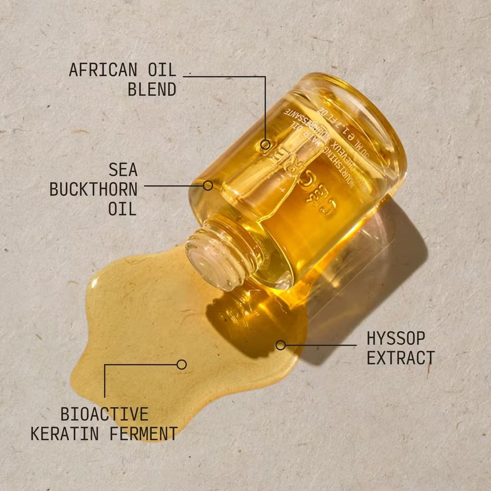 Cécred Nourishing Hair Oil packaging highlighting sustainable materials.