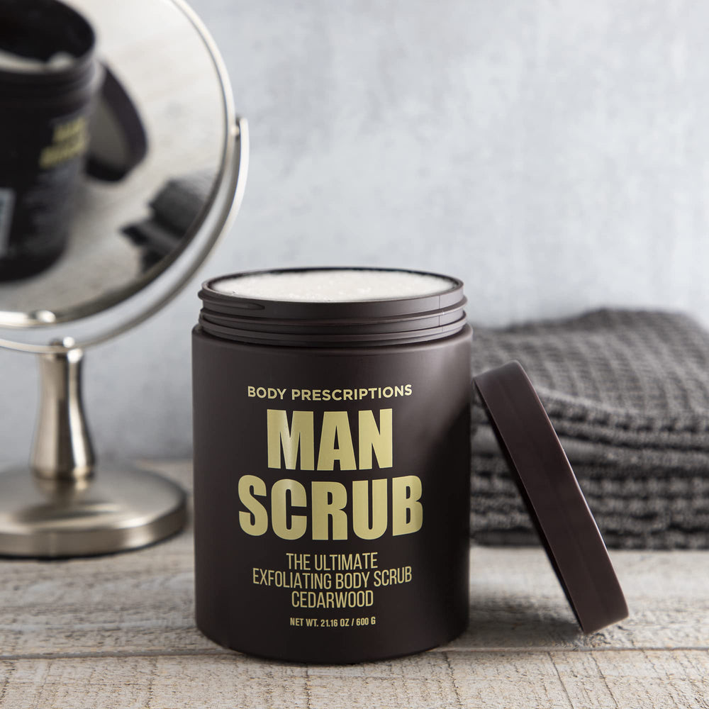 Cedarwood scent enriches shower routines with Body Prescriptions exfoliating scrub.
