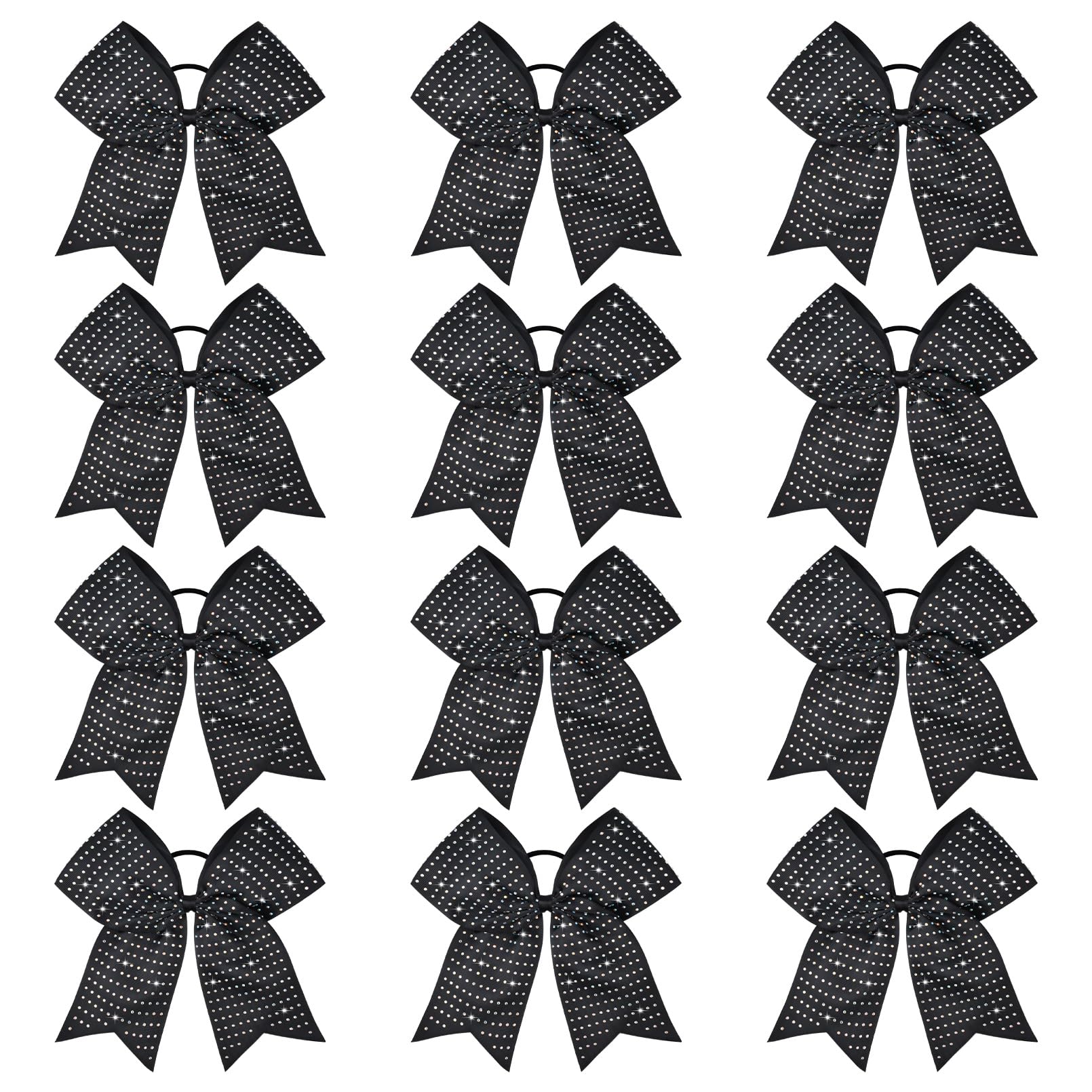 CEELGON 12-piece black glitter cheer bows front view with iridescent rhinestones for team spirit.