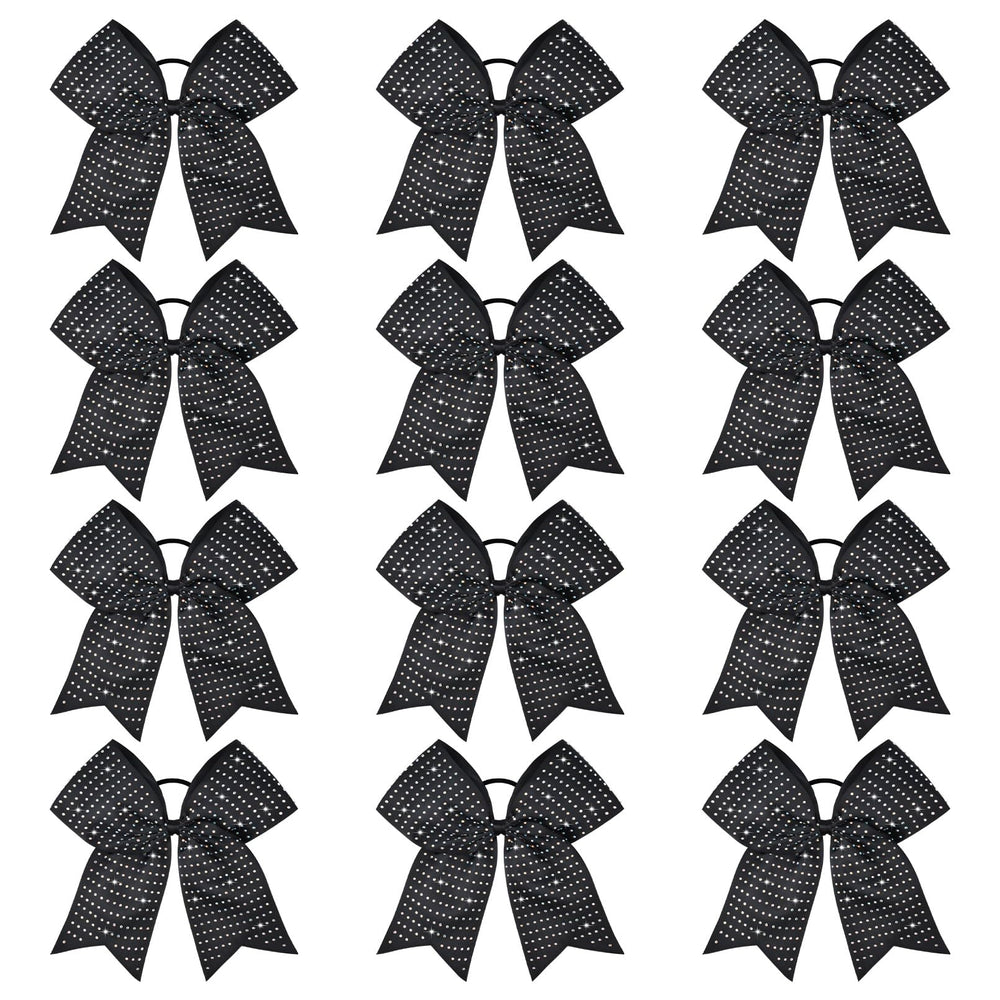 CEELGON 12-piece black glitter cheer bows front view with iridescent rhinestones for team spirit.