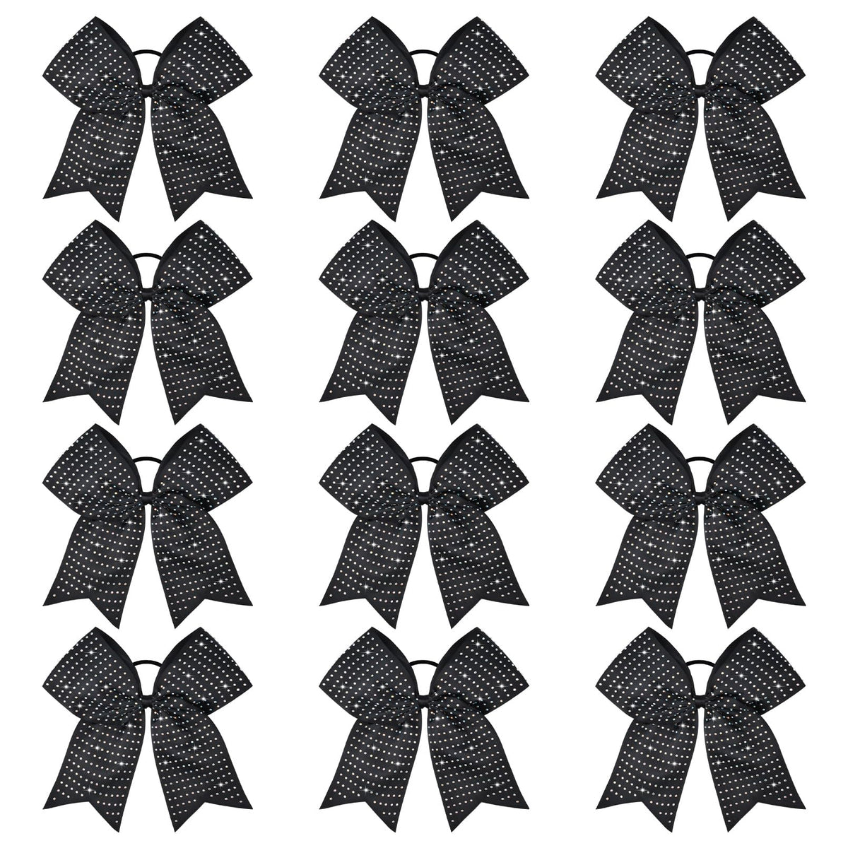 CEELGON 12-piece black glitter cheer bows front view with iridescent rhinestones for team spirit.