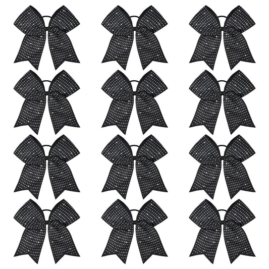CEELGON 12-piece black glitter cheer bows front view with iridescent rhinestones for team spirit.