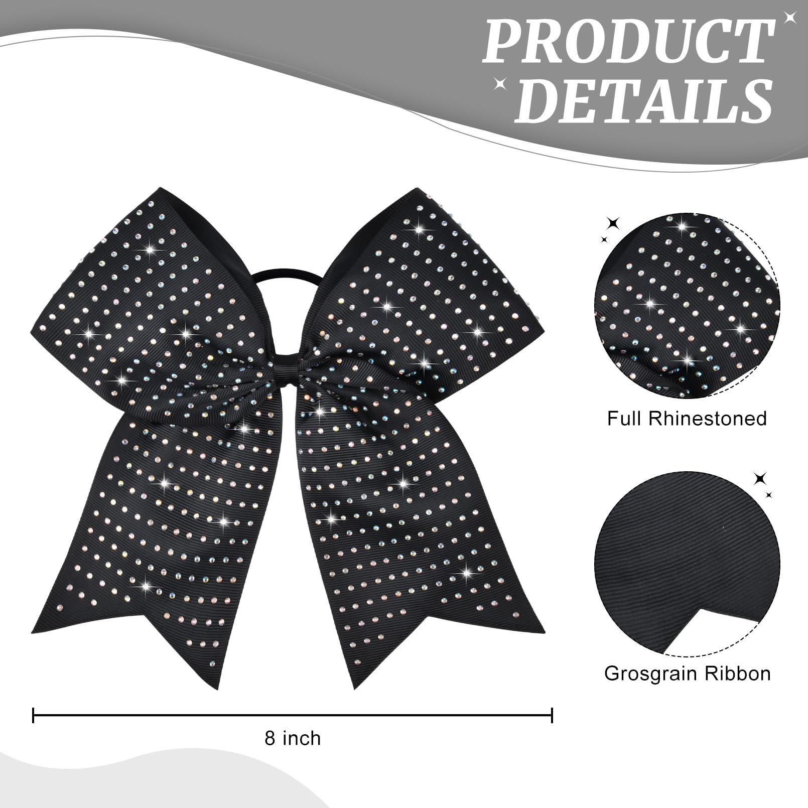 CEELGON 12-piece black glitter cheer bows close-up rhinestones show iridescence for eye-catching routines.