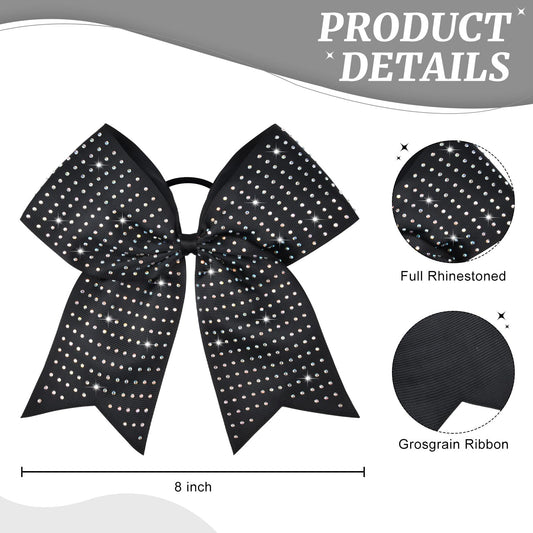 CEELGON 12-piece black glitter cheer bows close-up rhinestones show iridescence for eye-catching routines.