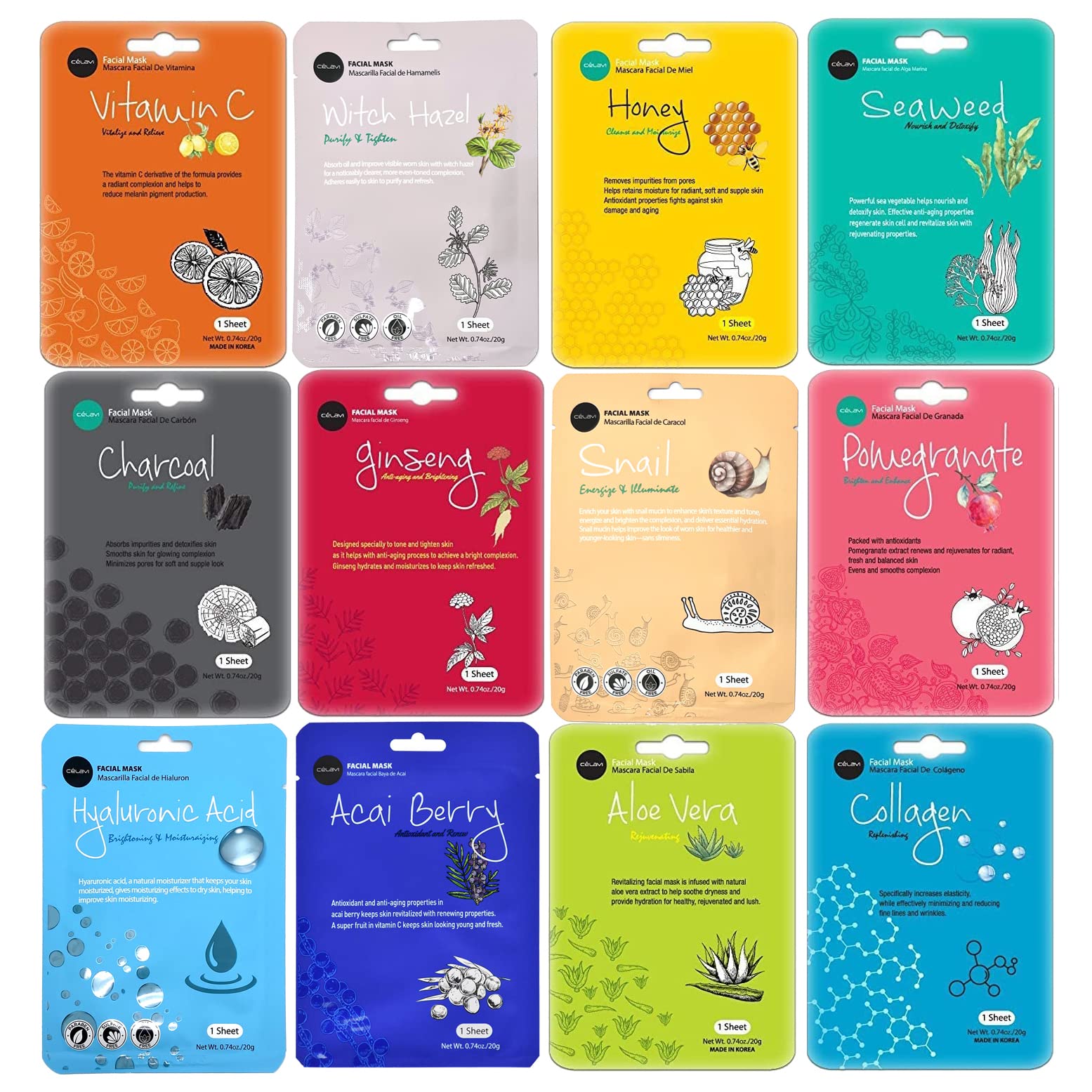Celavi Essence Face Mask 12-pack for daily hydration and radiant skin