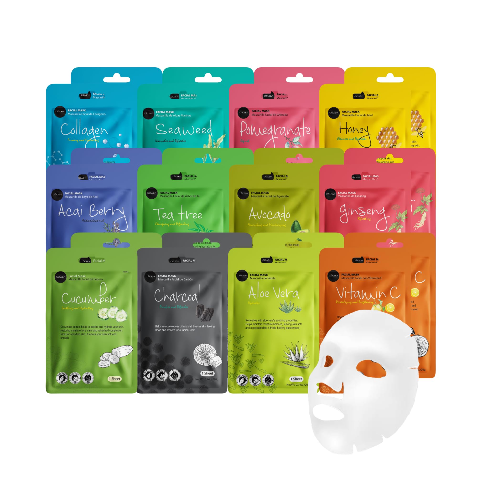 Celavi Essence facial sheet mask variety set box for brightening skin.