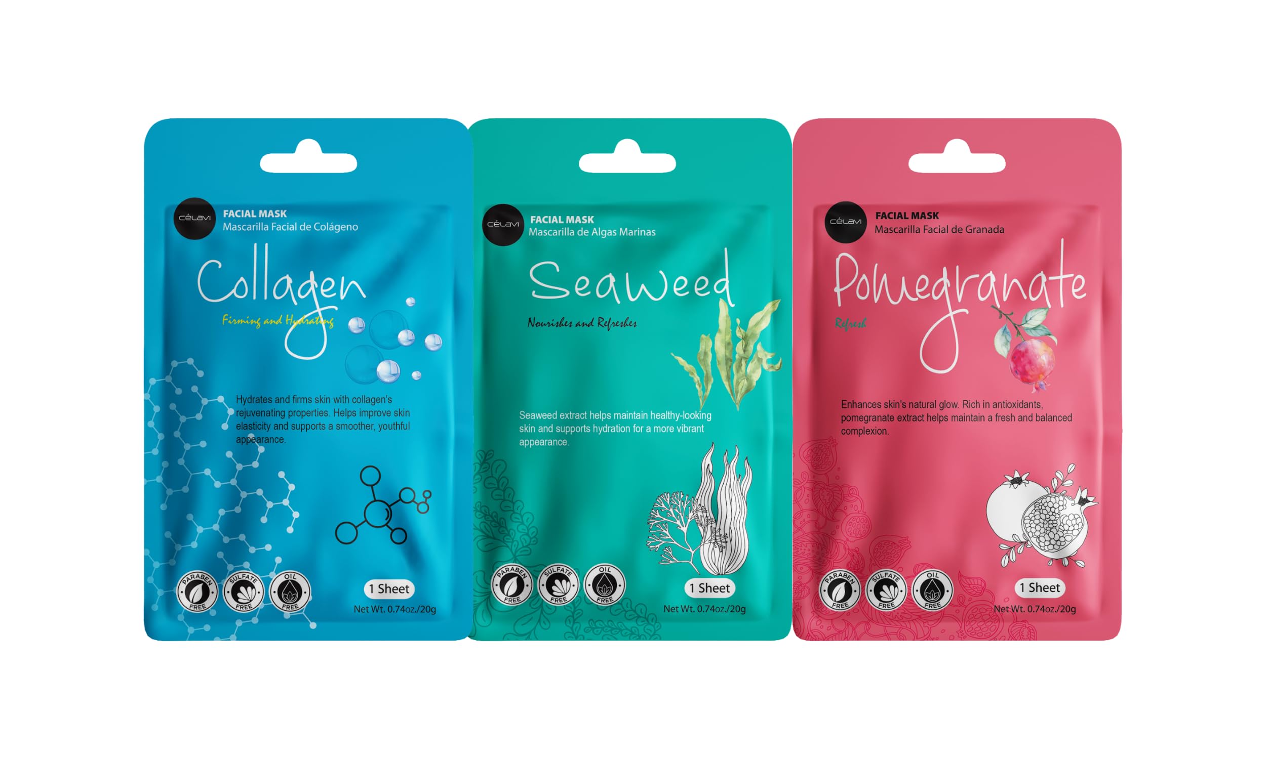 Celavi Essence mask variety sheets laid out for a pampering skincare routine