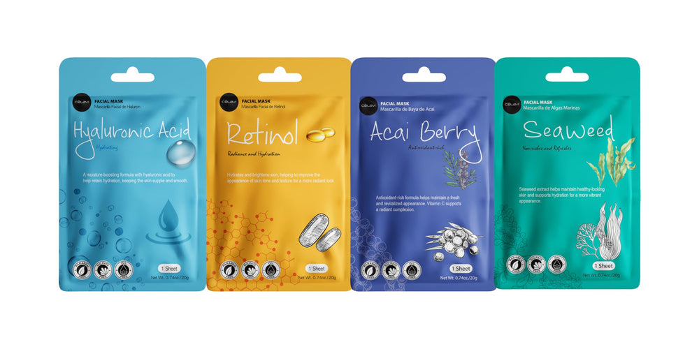 Celavi face mask sheets arranged in rows showing variety of flavors.