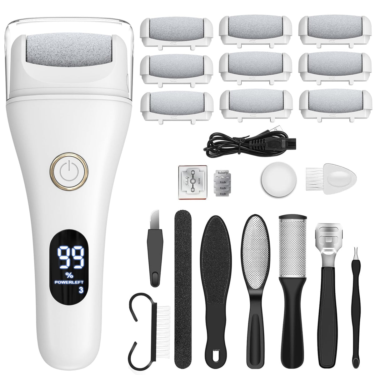 Celepen electric foot file with LED light for precise dead skin removal.