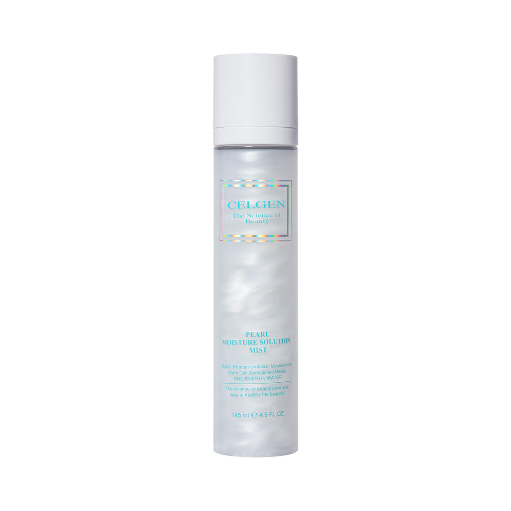 Celgen Pearl Moisture Solution Mist bottle on desk for daily hydrating refresh