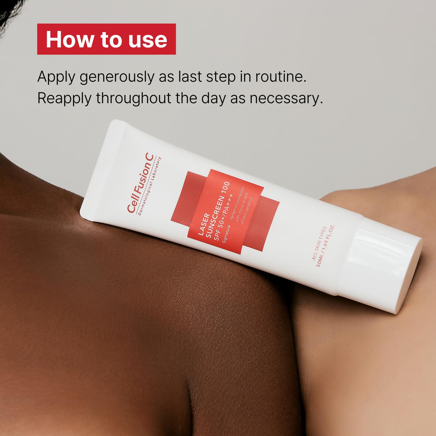Cell Fusion C Laser Sunscreen dermatologist-tested seal beside product label.