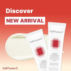 Packaging close-up of Cell Fusion C Laser UV Defense showing clean cosmetic design