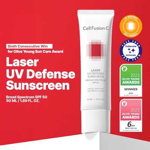 SPF 50 label on Cell Fusion C Laser UV Defense indicating broad-spectrum protection