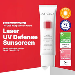 SPF 50 label on Cell Fusion C Laser UV Defense indicating broad-spectrum protection
