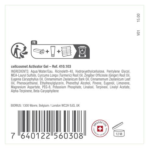 Cellcosmet Activator Gel packaging and ingredients label overview.