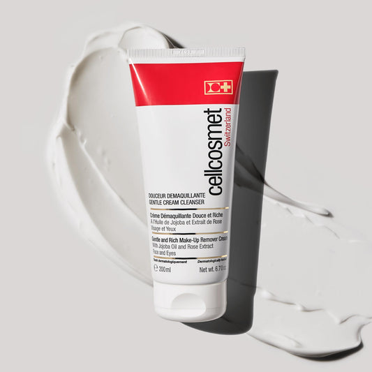 Close-up texture of Cellcosmet Gentle Cream Cleanser highlighting silky cream.