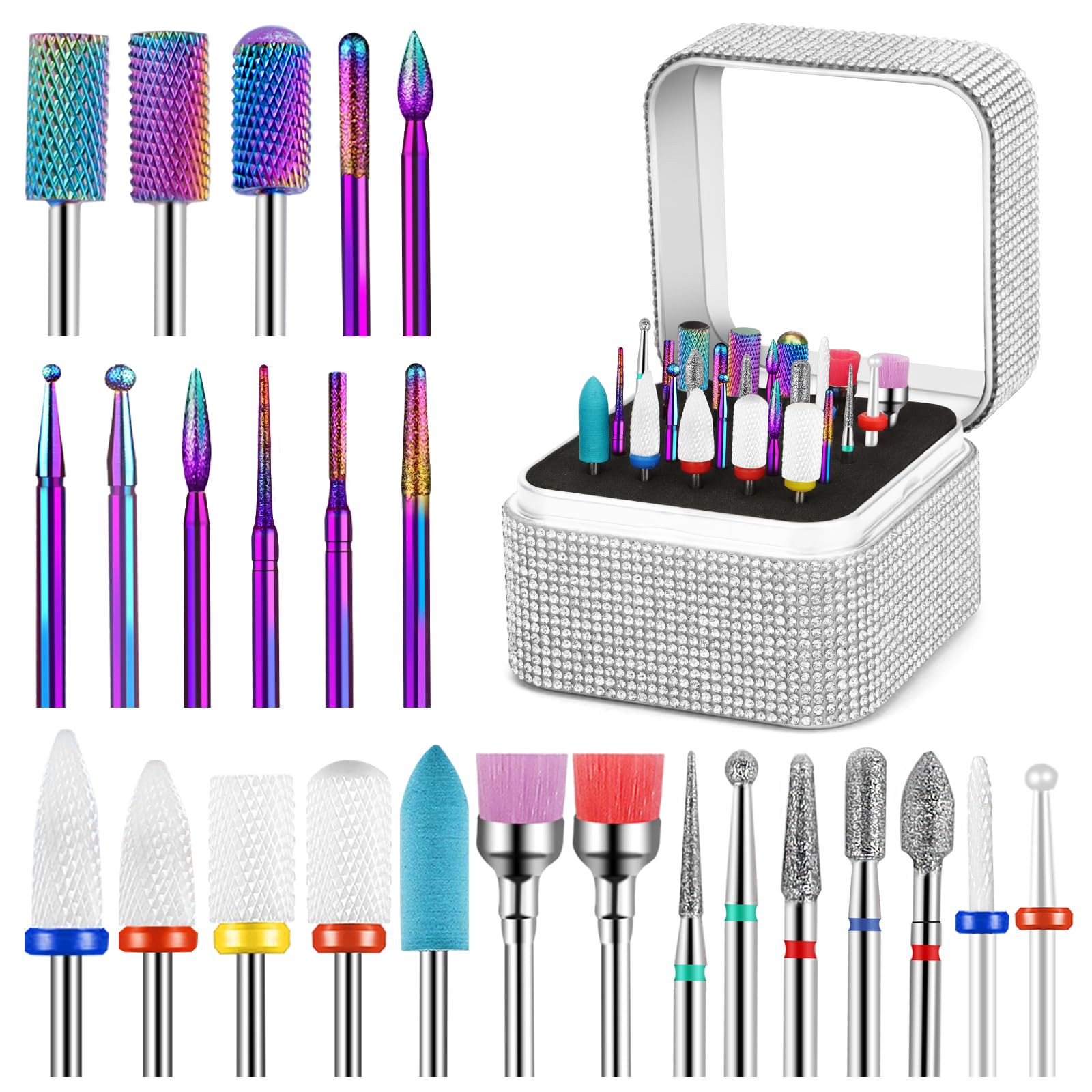 Cellentool 25-piece nail drill bits set shown with storage box for easy manicure prep.
