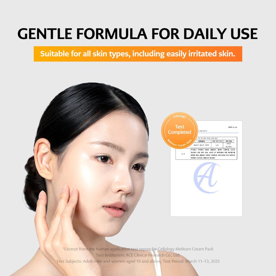 Cellology Meliturn Cream Pack applied to cheek area for even tone.