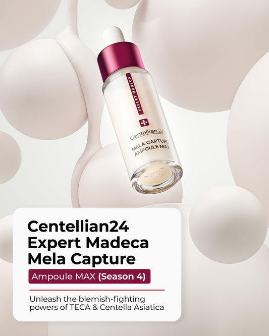 Centellian 24 Expert Ampoule Season 4 bottle closeup highlights the sleek, lightweight formula.