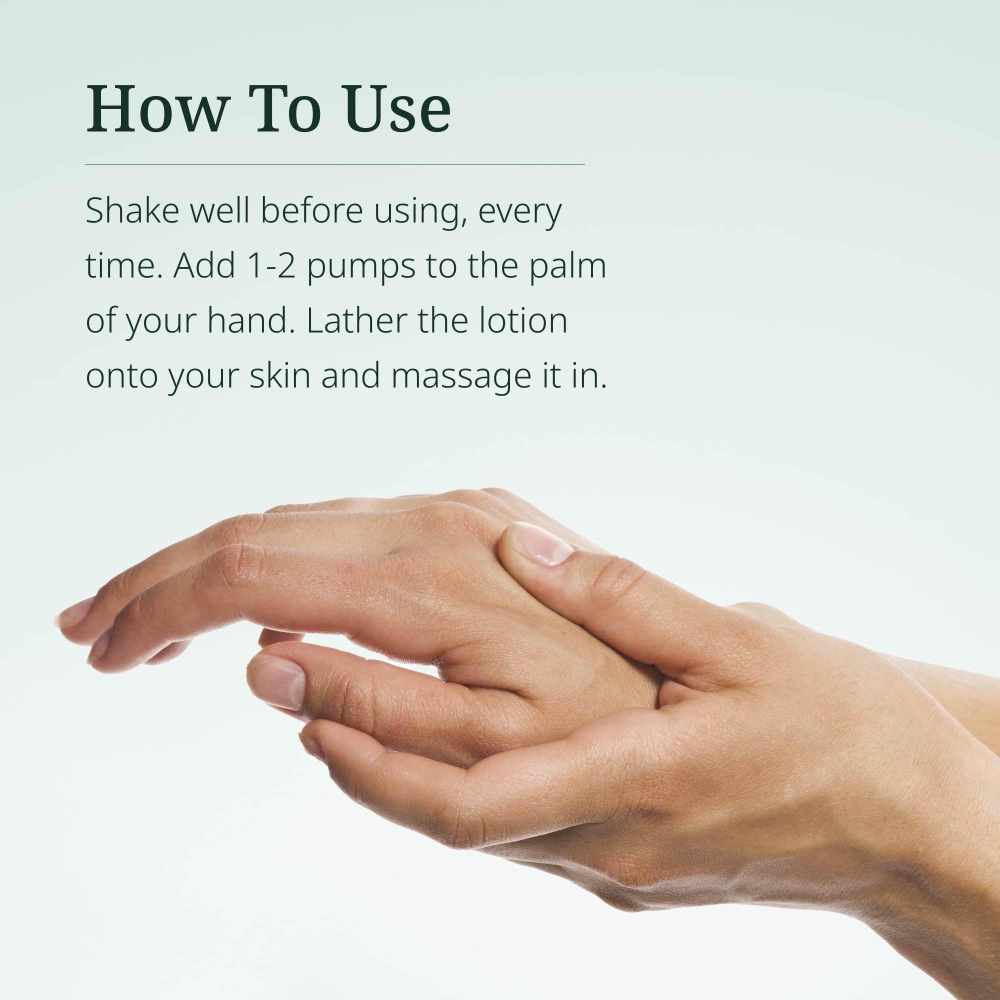 Century Systems H.E.A.L. QUICK Lotion usage shot showing 1-2 pumps for smooth application.