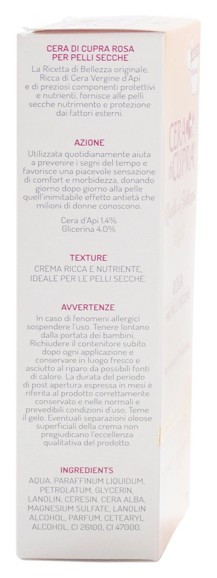Italian packaging for Cera di Cupra Rose for Dry Skin signaling authentic care