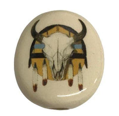 Ceramic Stone Cow Skull Medicine Shield Bead Necklace closeup shows hand-painted glaze and durability.