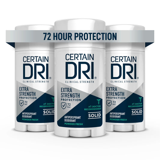 Certain Dri Extra Strength Clinical bottle on shelf, offering long-lasting protection.