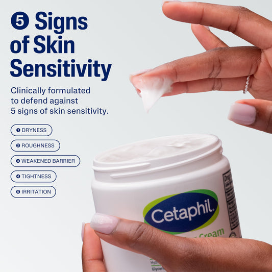 Cetaphil cream texture close-up shows non-greasy absorption for sensitive skin.