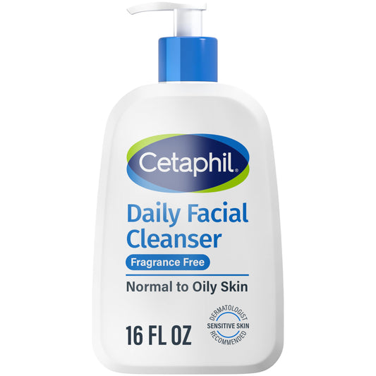 Cetaphil Daily Facial Cleanser bottle on a bathroom counter, fragrance-free and gentle cleansing for sensitive skin.